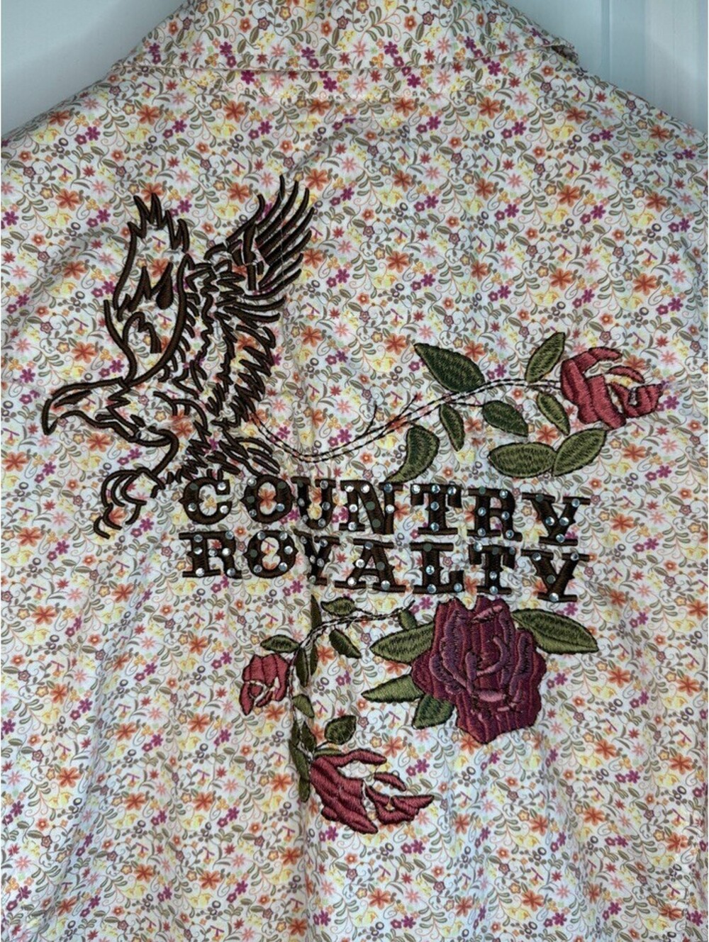 Country Royalty Y2K Floral Rose Embroidered Rhinestone Western Pearl Snap M - Picture 6 of 10